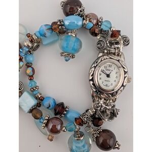 Geneva Watch Women 23mm Silver Tone Blue & Brown Beaded Band- New Battery